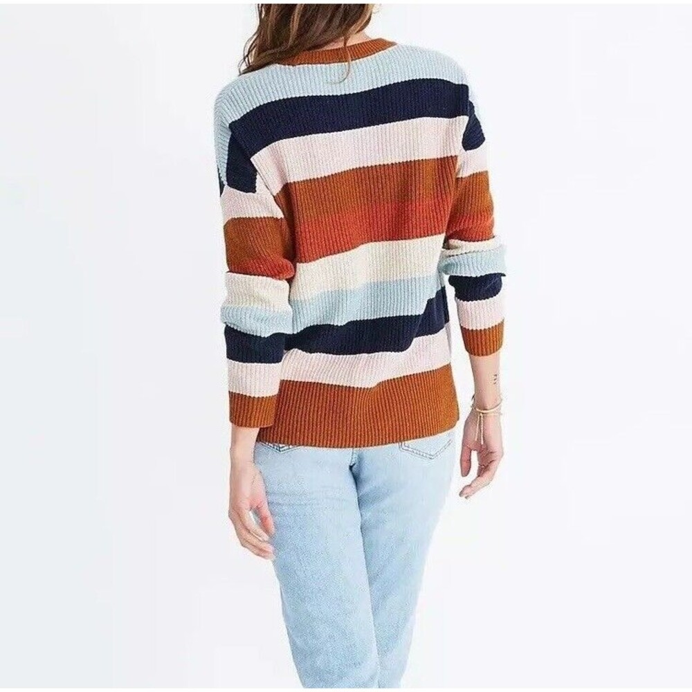 Madewell Pullover Sweater XS Pocket Rainbow Stripe Thompson Hi Low Fawn Boxy - Picture 2 of 11